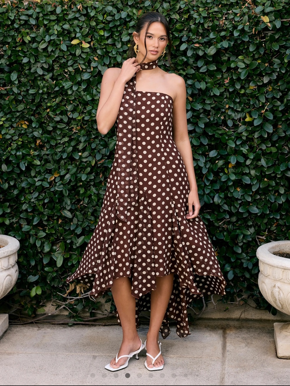 CHIFFON HALTER NECKLINE POLKA DOT RUFFLED HEM RUCHED MAXI DRESS - Picture 4 of 9